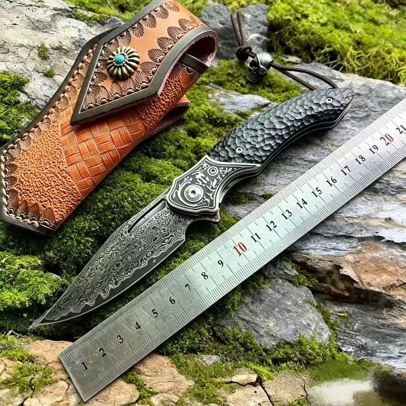 hammered-outdoor-folding-knife-with-leather-sheath Hammered Outdoor Folding Knife With Leather Sheath