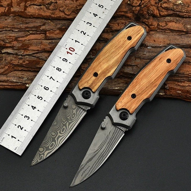 wood-damascus-style-outdoor-edc-folding-knife Wood Damascus Style Outdoor EDC Folding Knife